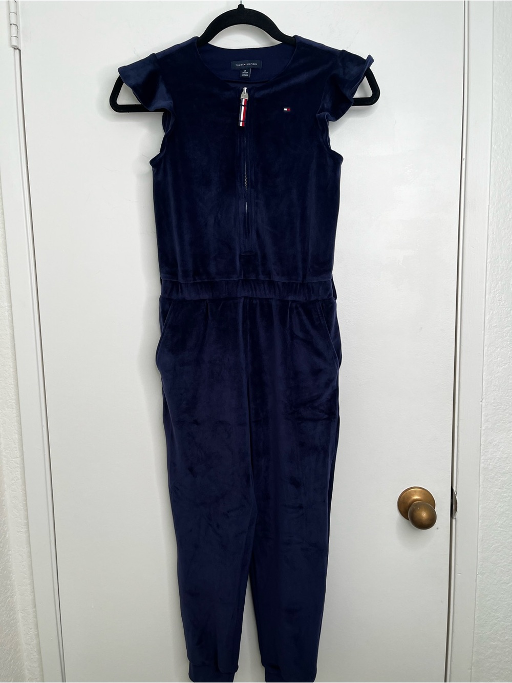 Tommy Hilfiger Navy Velour Jumpsuit Girls Sz M 8-10 Pockets Flutter Sleeve